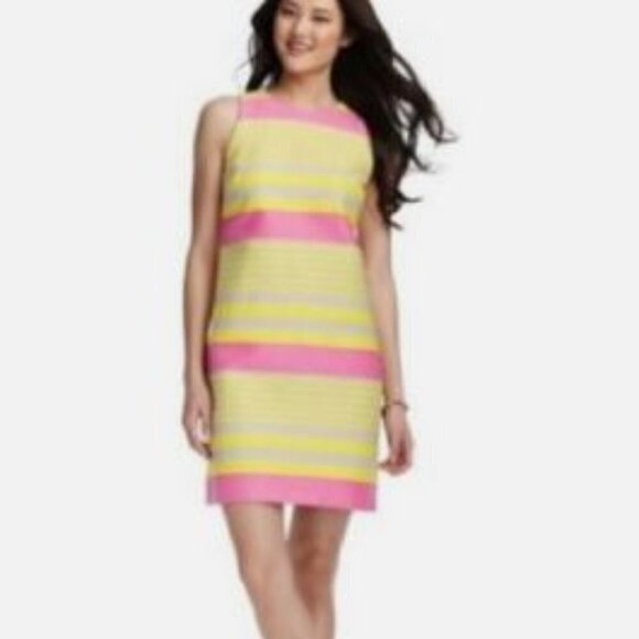Ann Taylor LOFT size 8 Dobby Corded Yellow Pink Striped Sleeveless Shift Dress - Picture 2 of 14